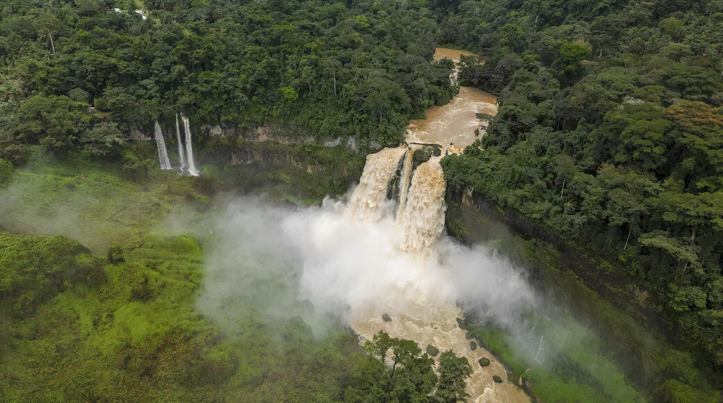 Aerial view of the cascading Ekom Nkam Falls plunge into the river amidst the lush green forest, Ekom Nkam Falls, Nkongsamba, Cameroon.