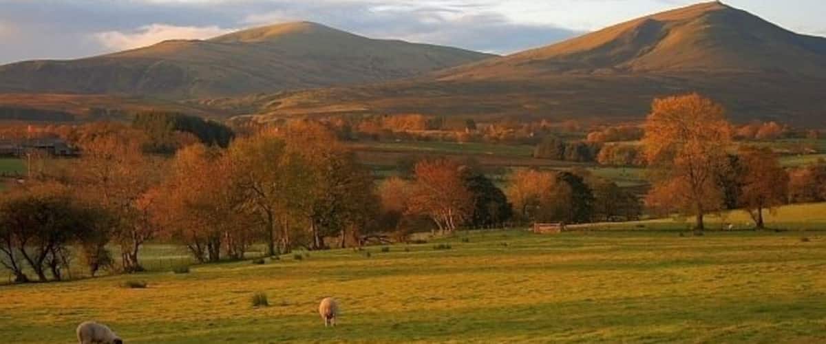 Pasture Near Hutton Moor End View south east in morning sunshine looking to the peaks of Clough Head (right - NY3322) and Great Dodd (NY3420).
