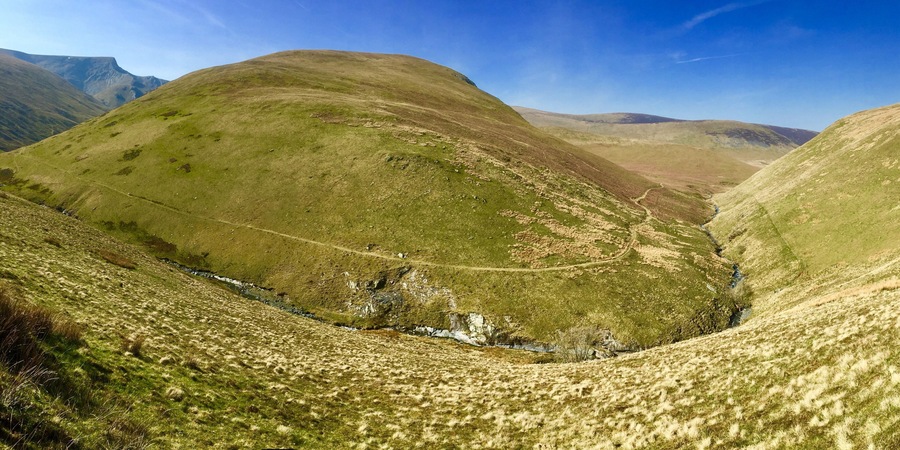 The valley between Bannerdale Crags and Souther Fell. An alternative and quiet route up to the summit of Blencathra.