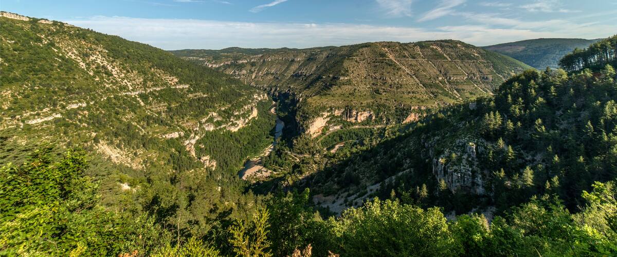 A mountainous landscape with dense forests and a river valley.
