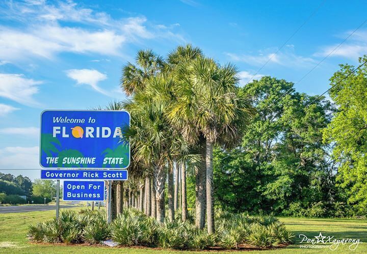 A welcome sign to Florida with palm trees and a clear sky.