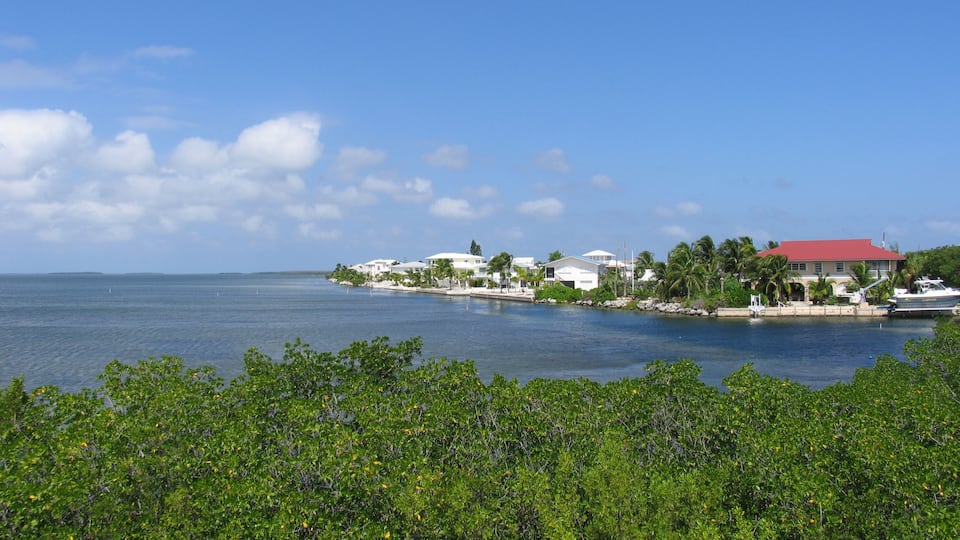 A coastal town with white buildings and a red-roofed house by the water.