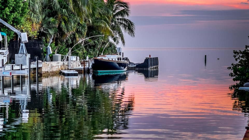 A calm waterfront with boats docked, palm trees, and a sunset sky.