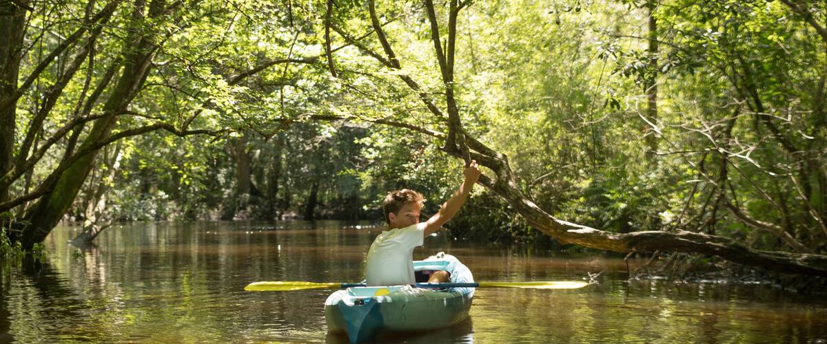 Teenage boy in kayak, Econfina Creek, Youngstown, Florida, USA
