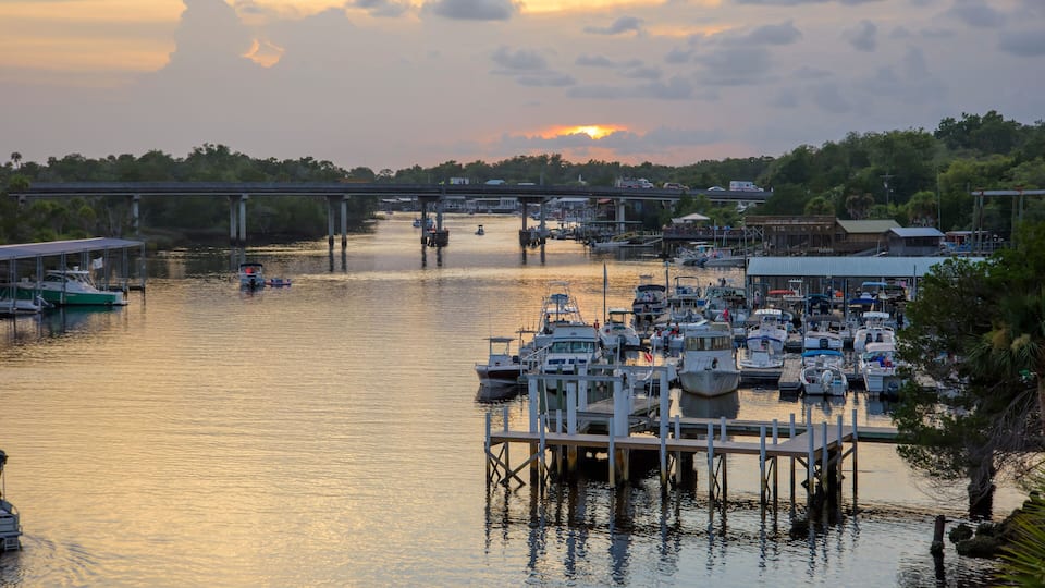 A marina with boats docked, a bridge in the background, and a sunset over the water.