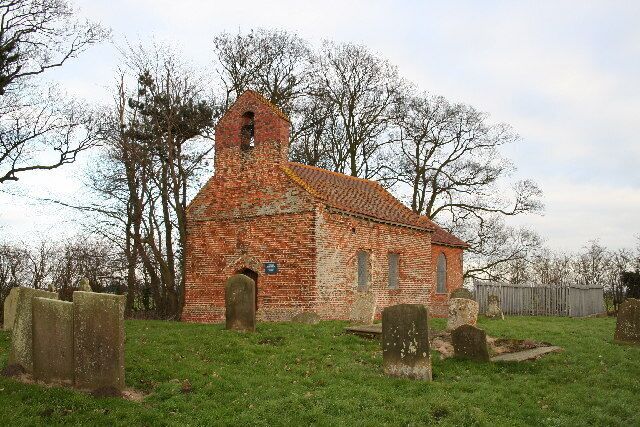 St.George's church, Goltho, Lincs. All alone, surrounded by undulations in the fields where the medieval village of Goltho once stood, St.George's is a neat brick church of c1640 with Georgian furnishings. Sadly neglected, it was saved by the Redundant Churches Fund in 1998 and is now well kept.