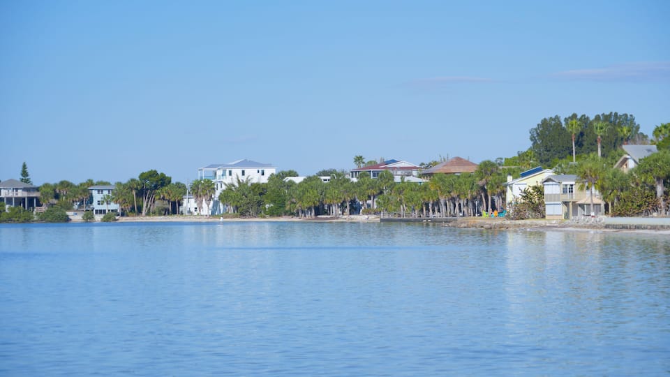 A calm lake with houses and trees along the shore.
