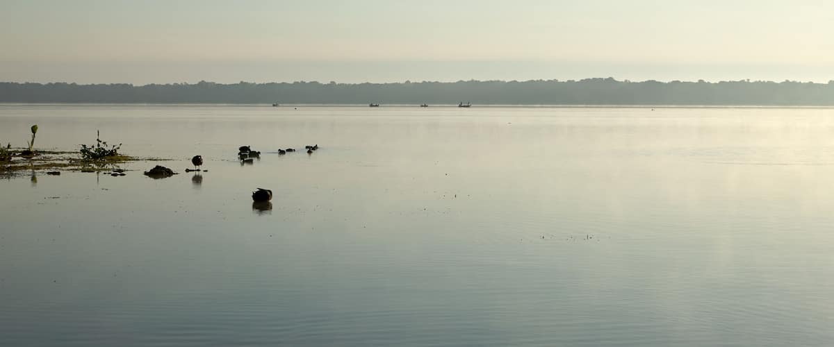 A calm lake with a distant shoreline and a few boats.