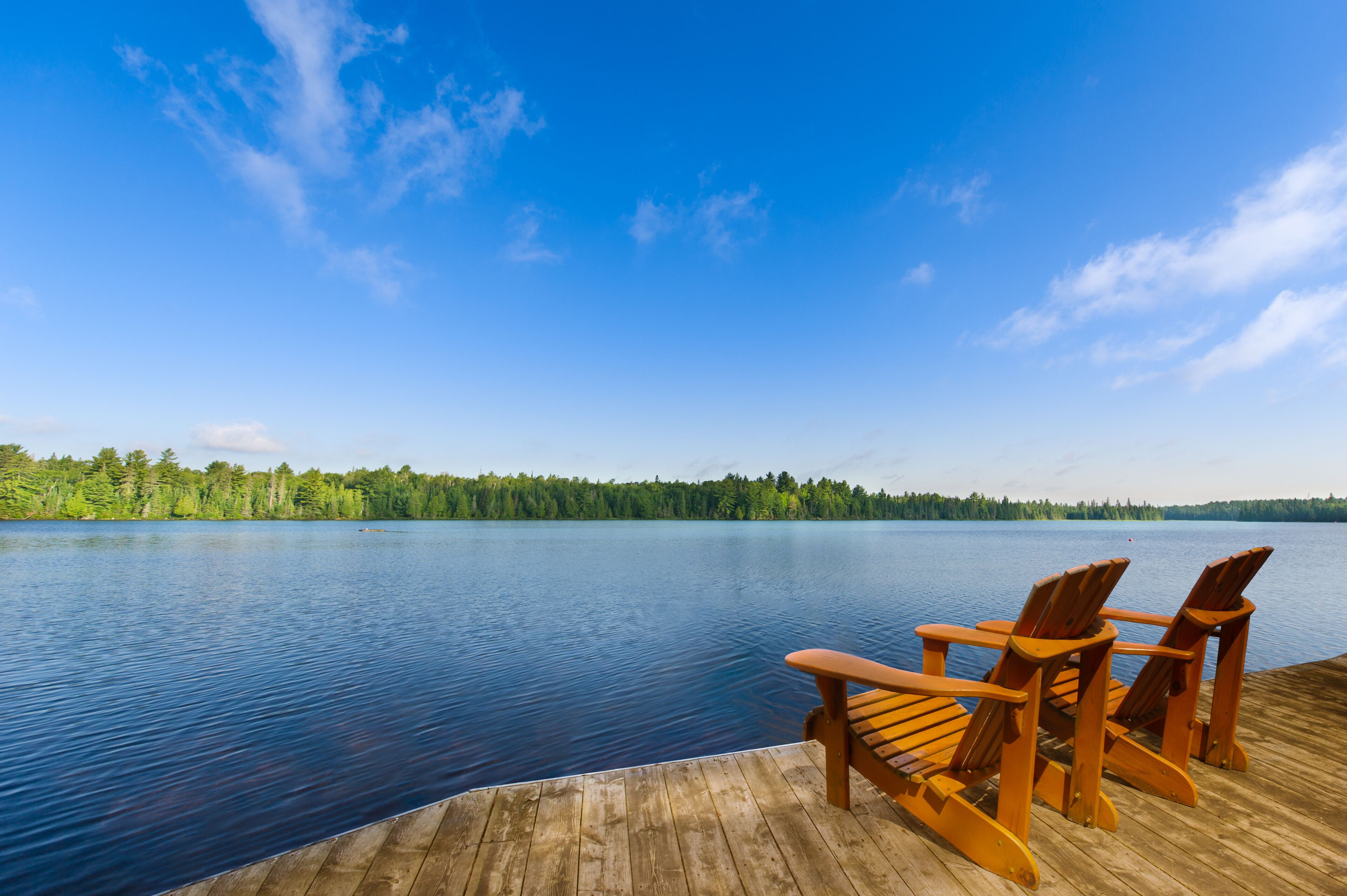 A calm lake with a wooden dock in the foreground in Algonquin Provincial Park, Ontario, Canada. Two Adirondack chairs face the blue water, surrounded by lush green trees under a clear sky.