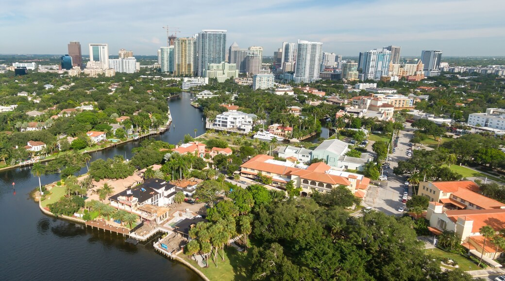 New River canal system and the downtown city skyline of Fort Lauderdale, Florida, United States.