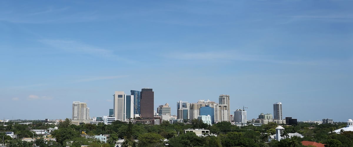 A city skyline with high-rise buildings, a clear blue sky, and some greenery at the base.