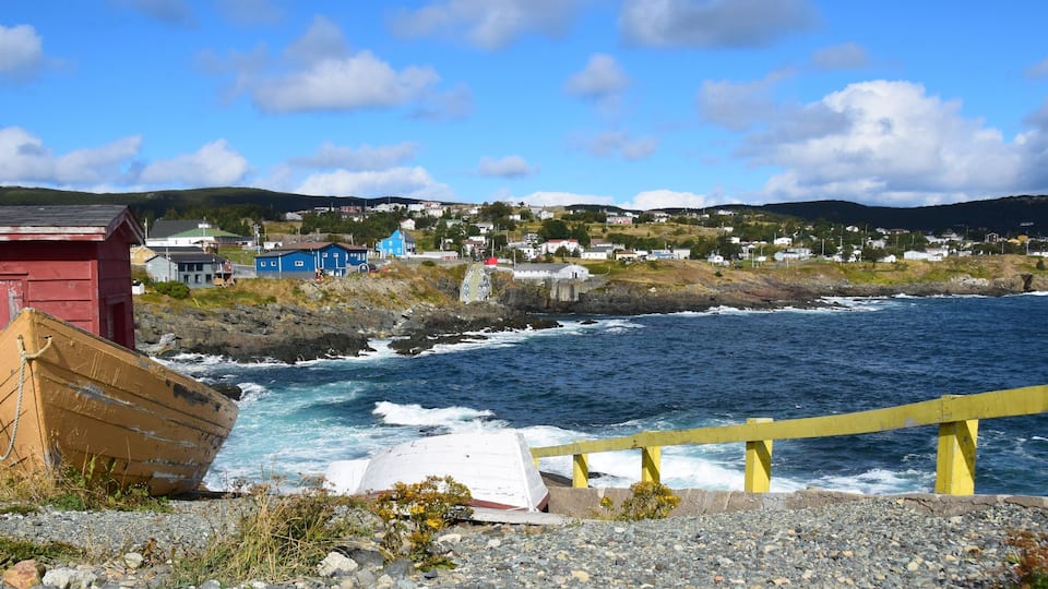 landscape along the Killick Coast, shoreline with view towards village of Pouch Cove; Avalon Peninsula NL Canada