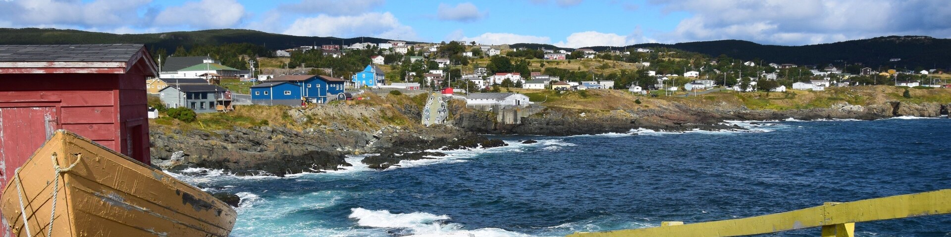 landscape along the Killick Coast, shoreline with view towards village of Pouch Cove; Avalon Peninsula NL Canada
