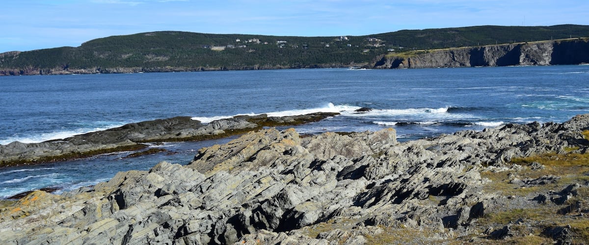 A rocky coastline with waves crashing against the shore, a clear blue sky, and a distant view of a forested hill with buildings.
