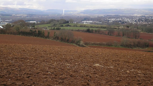 A view across the Teign Valley from Combeinteignhead. The Grandstand of Newton Abbot Racecourse can been seen on the far left of the picture. 19 March 2013. Camera: Olympus FE-120 6.0 Digital.