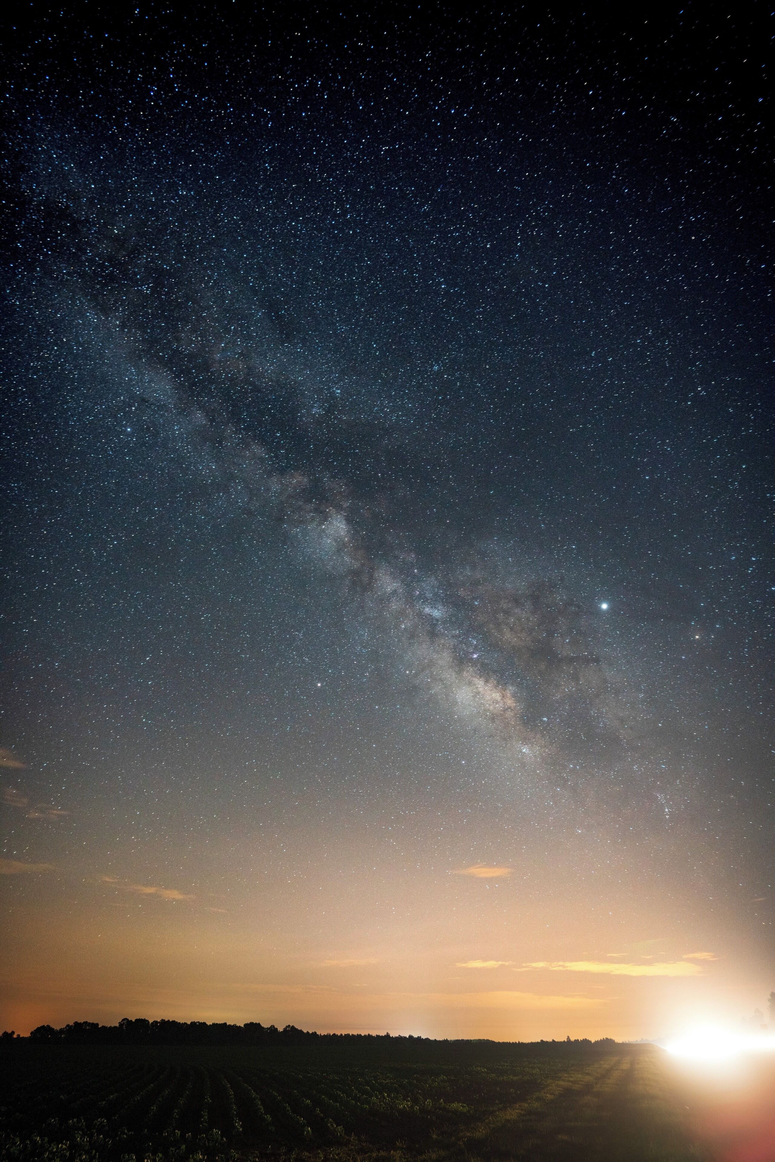 A starry night sky over a field with a visible Milky Way.