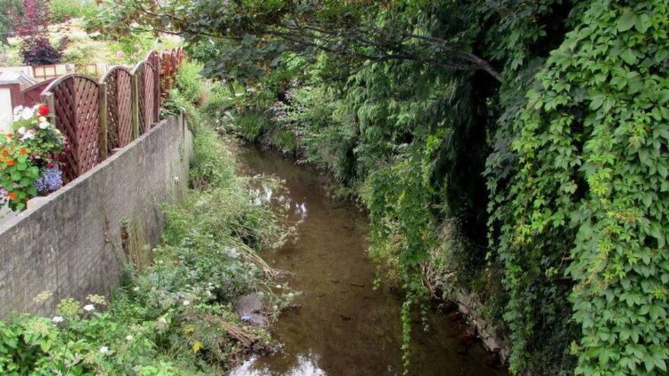 Cadoxton River, Dinas Powys. Flowing towards the camera on the north side of an A4055 Cardiff Road bridge. About 8km long, the streamlike Cadoxton River is one of the shortest rivers (so named) in Wales.