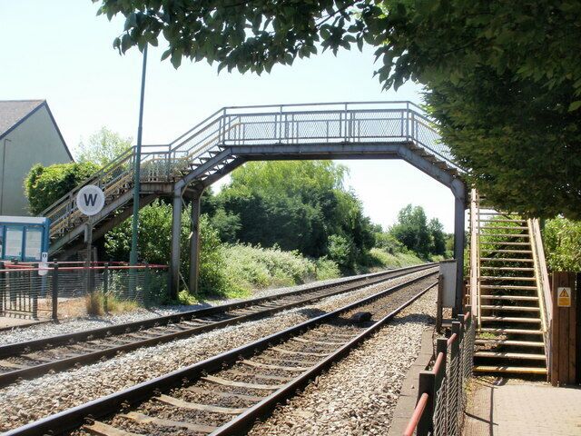 Eastbrook railway station footbridge. Located at the southwest end of the station, the footbridge connects the two platforms and gives a short cut from Cardiff Road to Chamberlain Row.