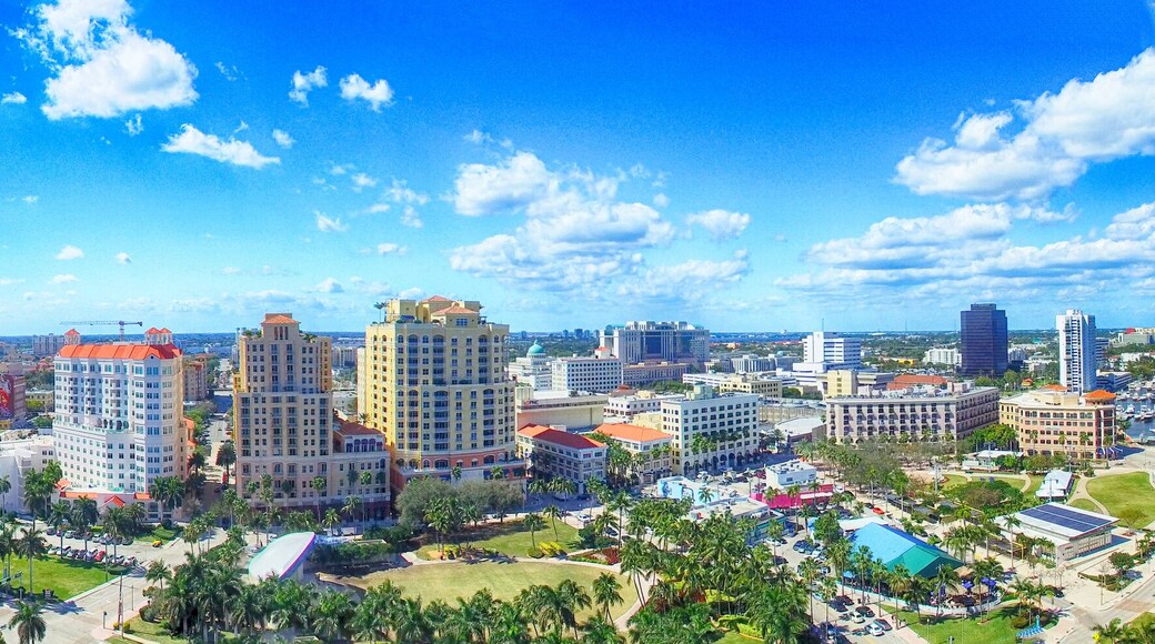 Aerial panoramic view of West Palm Beach, Florida. Sunset skylin