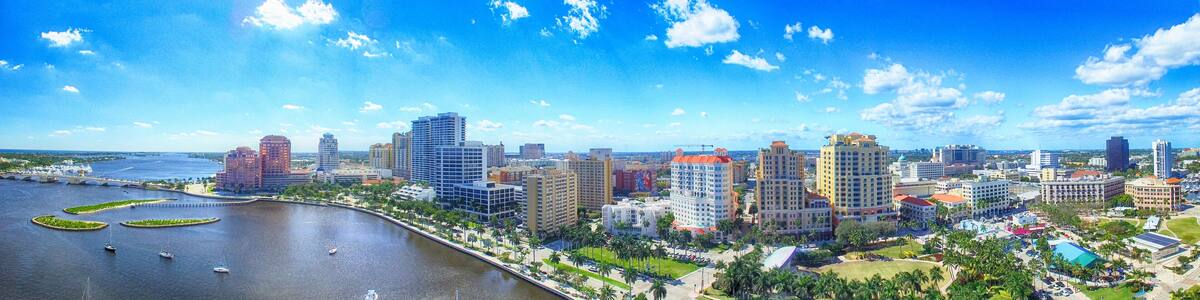Aerial panoramic view of West Palm Beach, Florida. Sunset skylin