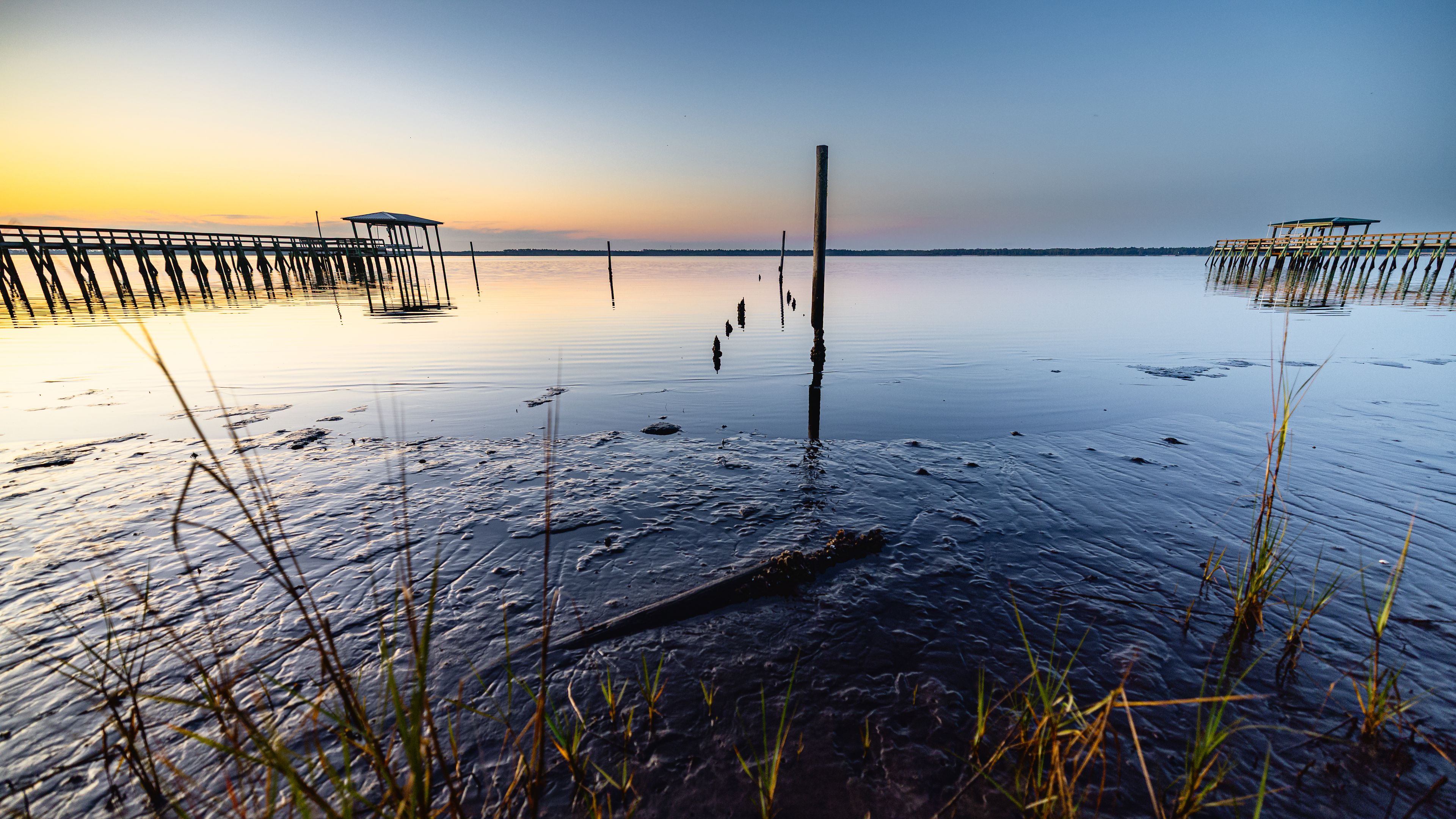 muddy shoreline at low tide