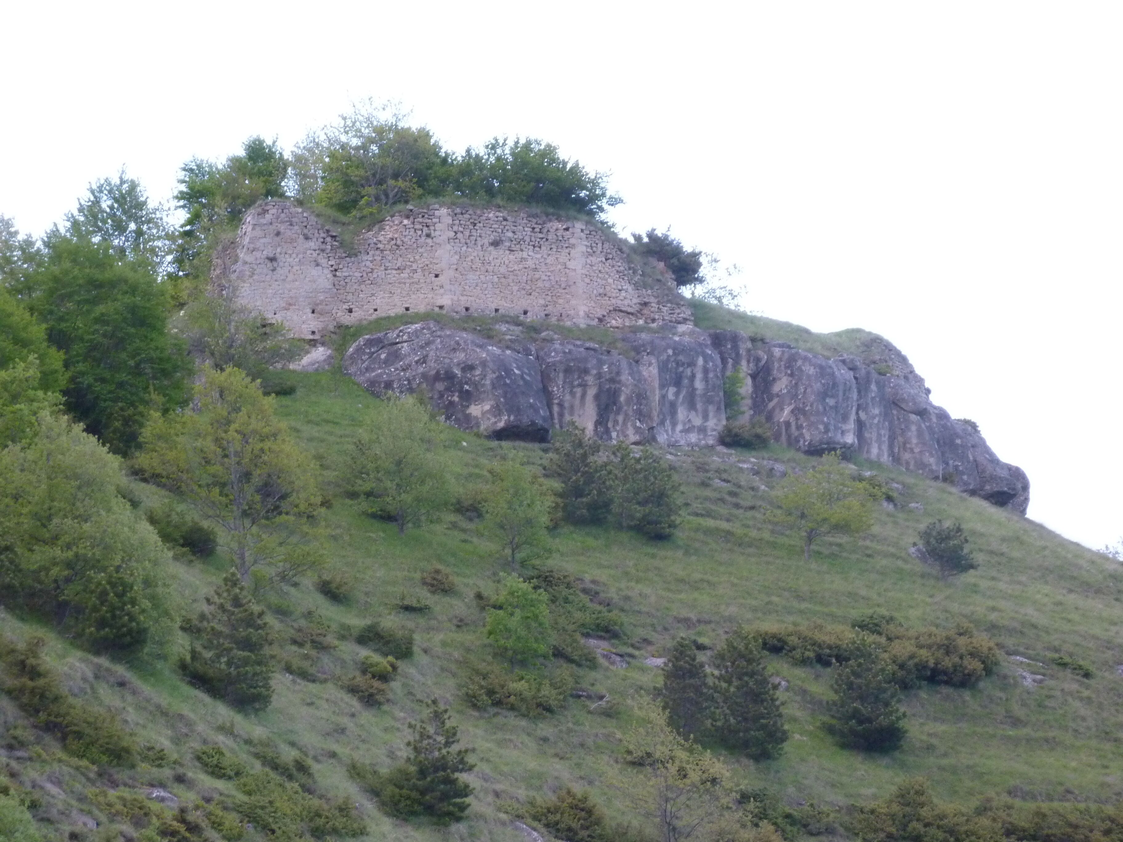 A rocky hill with sparse vegetation and a stone wall.