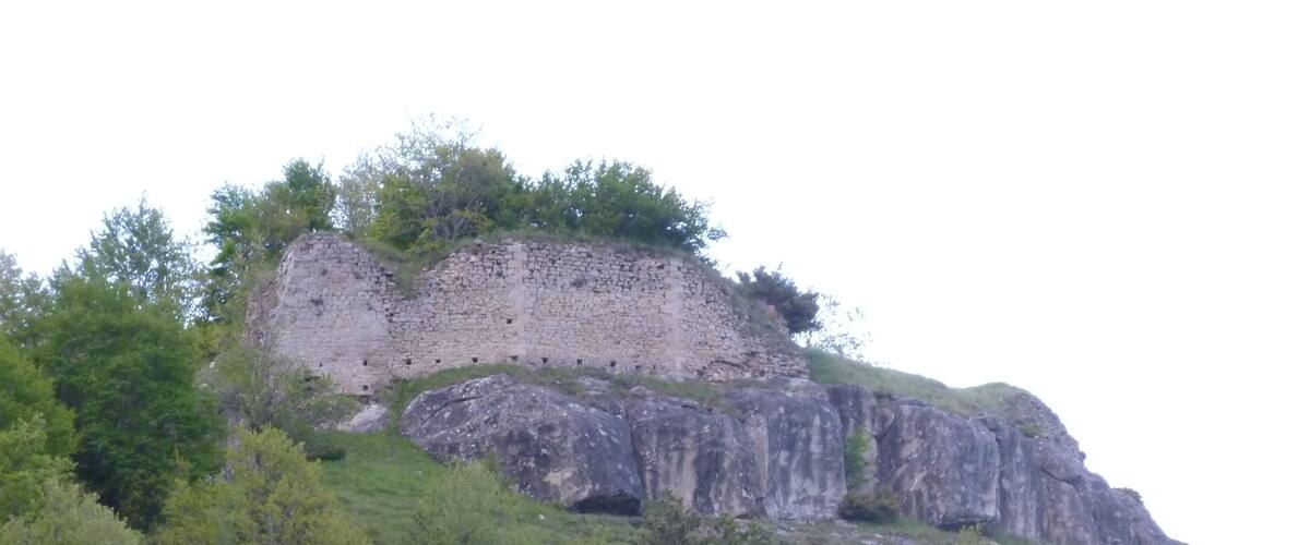 A rocky hill with sparse vegetation and a stone wall.