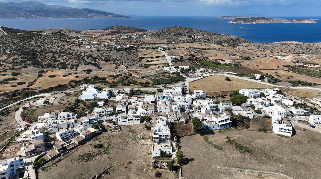 Aerial drone photo of small picturesque main town in island of Schoinousa, small Cyclades, Greece