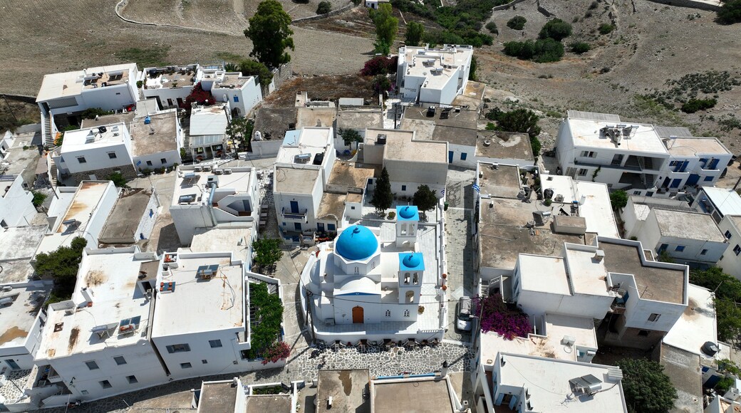 Aerial drone photo of small picturesque main town in island of Schoinousa, small Cyclades, Greece