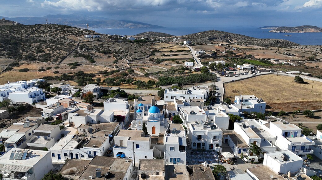 Aerial drone photo of small picturesque main town in island of Schoinousa, small Cyclades, Greece