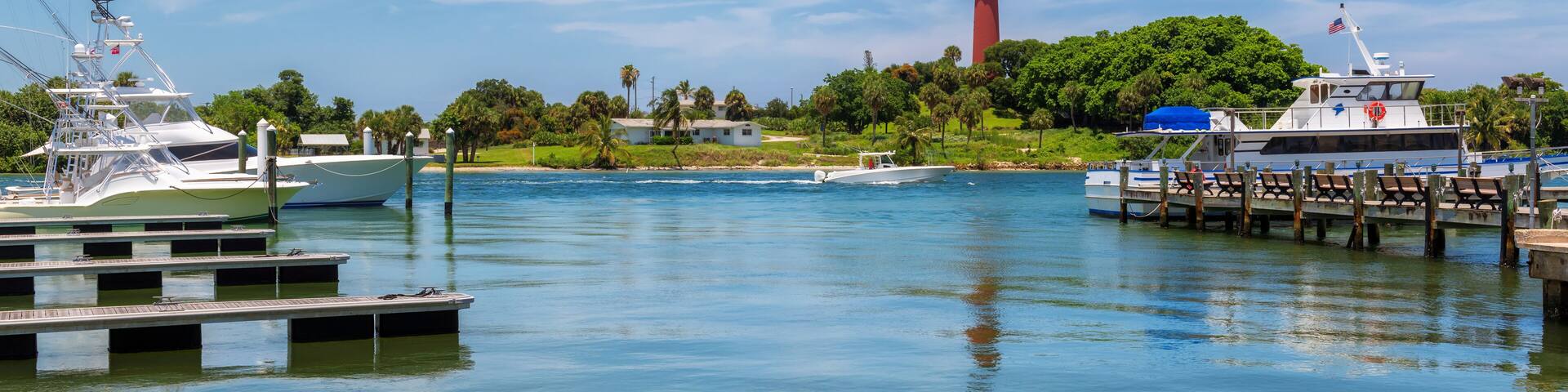 Beautiful view of the Jupiter lighthouse at sunny summer day in West Palm Beach County, Florida