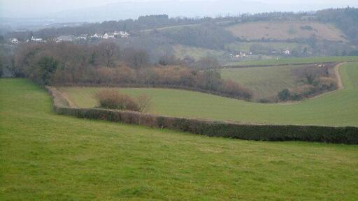 Ideford Combe from Hestow Road. Looking WNW across the square, with a re-entrant dropping down to meet the valley emerging from the wooded Ideford Combe (r), and the ribbon development on the old main road (l) now the B3195.