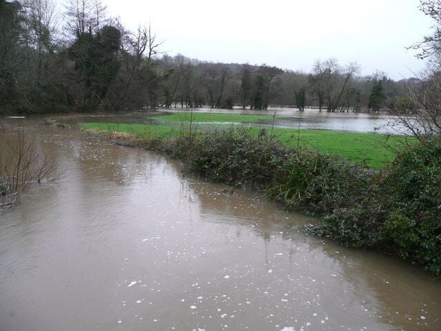 Flooded Huntshaw meets the Torridge View west of the bridge at Weare Giffard.