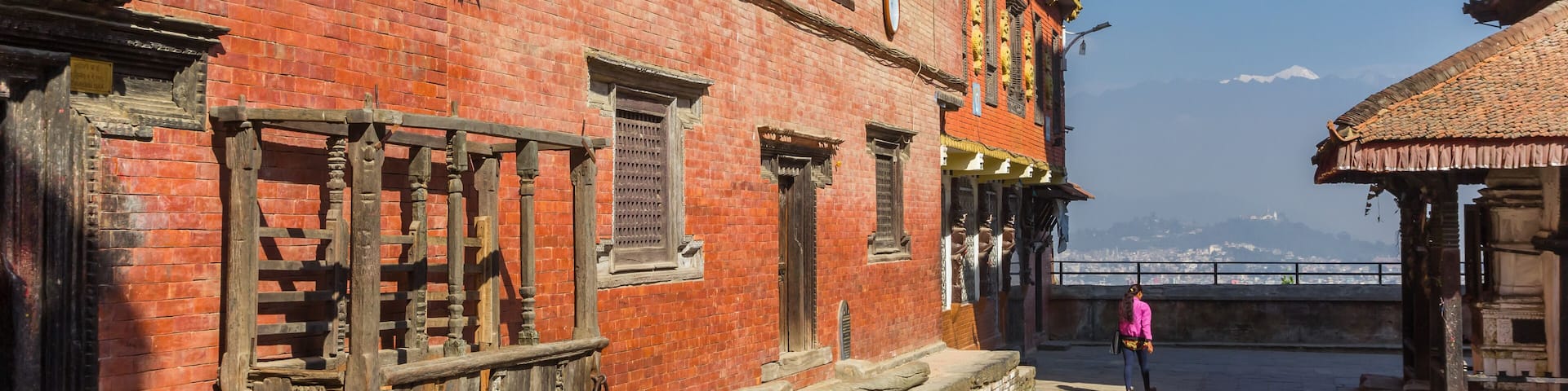 Panorama of the historic red brick building at the Bagh Bhairab temple in Kirtipur, Nepal