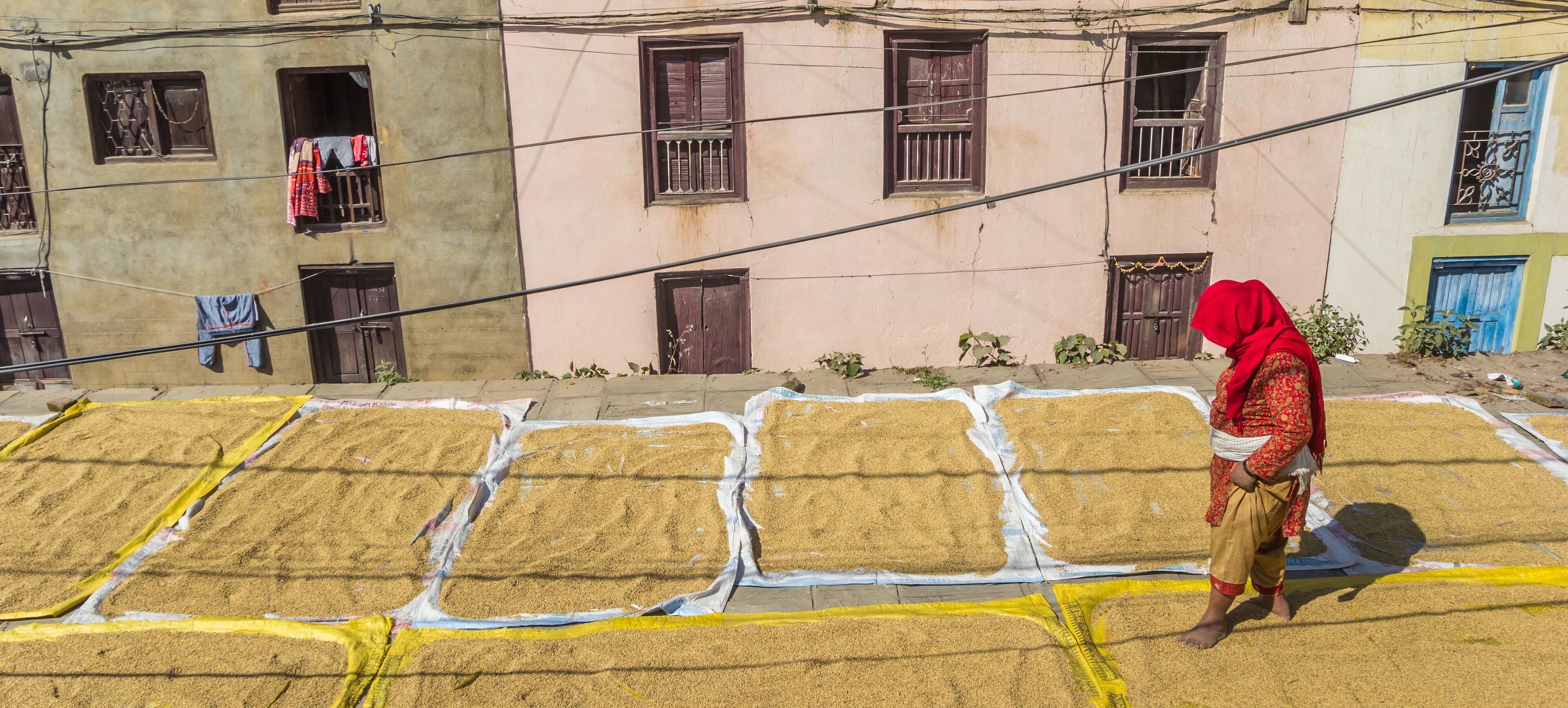 A person walking past a building with multiple windows and drying clothes on a line.