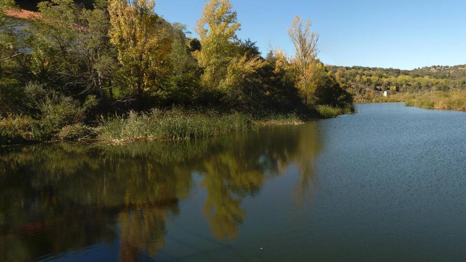 A calm river surrounded by trees and hills.