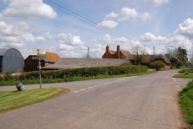 Cross roads in the village of Forthampton View looks eastwards towards St Mary's Church and in the direction of the River Severn.