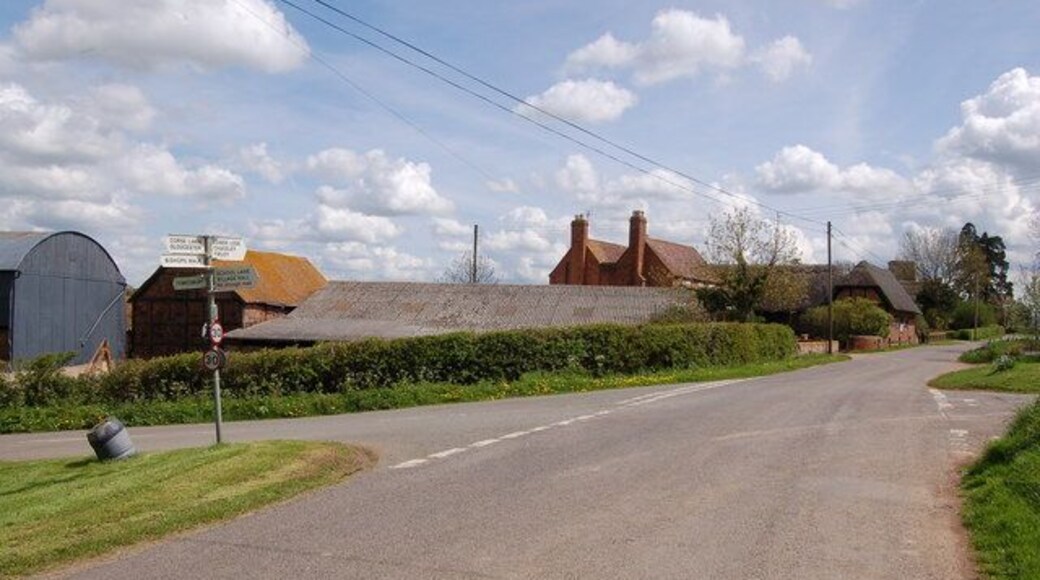 Cross roads in the village of Forthampton View looks eastwards towards St Mary's Church and in the direction of the River Severn.