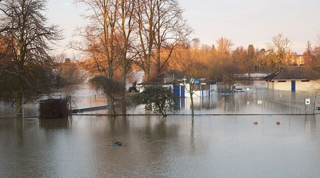 Anyone for a swim This is from the 2003 floods and shows how high the river came, the building you see is the changing rooms for the swimming pool which as you can see is under water and is a few metres in front of it. Round where the black bag is in the middle of the photo is a children's paddling pool, they would need scuba gear to find it.