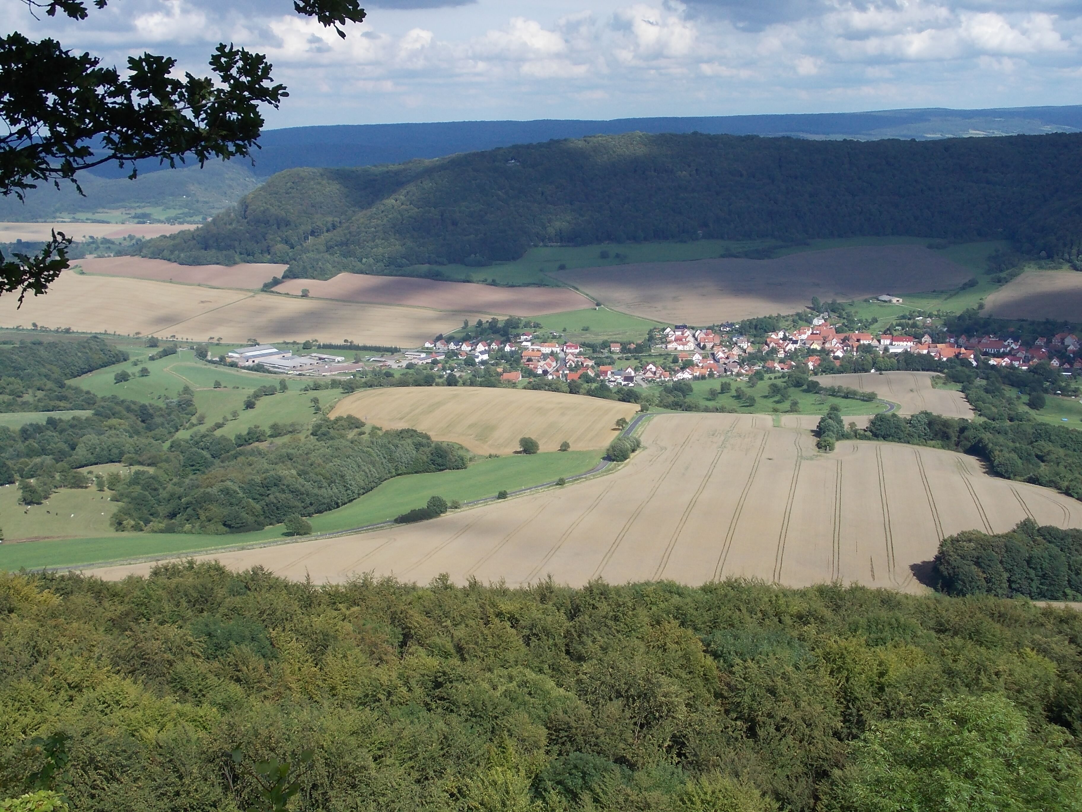 A rural landscape with rolling hills, fields, and a small village with red-roofed houses.