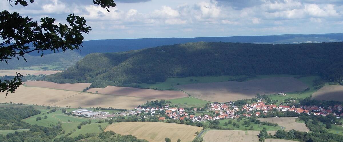 A rural landscape with rolling hills, fields, and a small village with red-roofed houses.