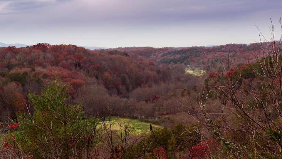A mountainous landscape with autumn foliage, a valley, and a small house in the distance.