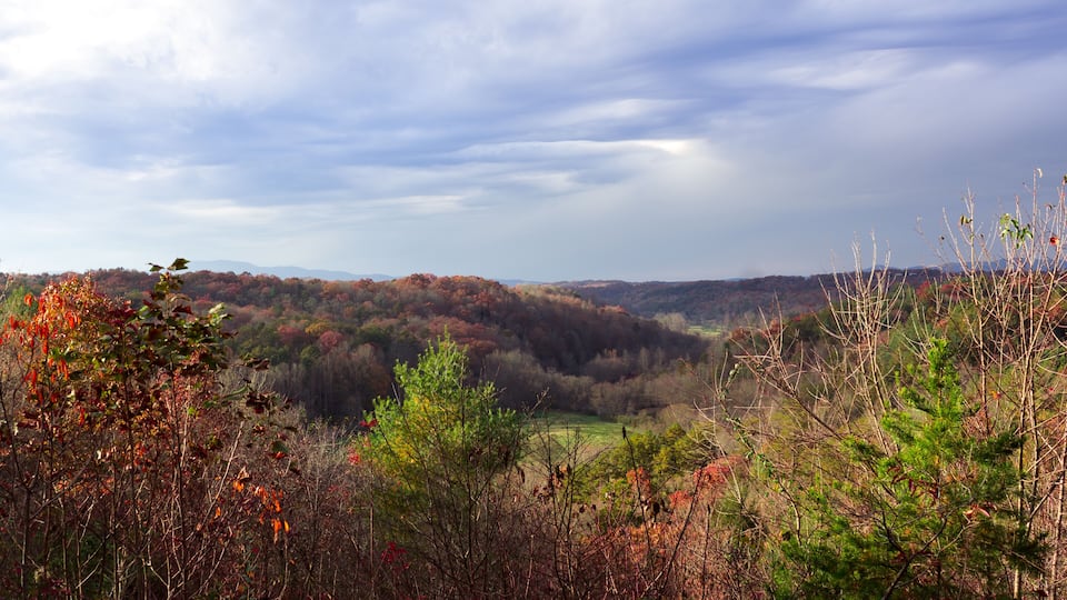 A mountainous landscape with autumn foliage and a valley.