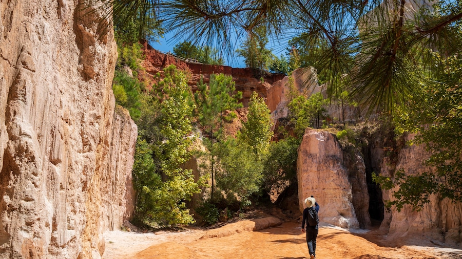 A man is enjoying the spectacular view of Providence Cayon Park, a manmade canyon, mimic of the Grand Canyon. It spans approximately 1,003 acres and features dramatic canyons with vibrant colors creat