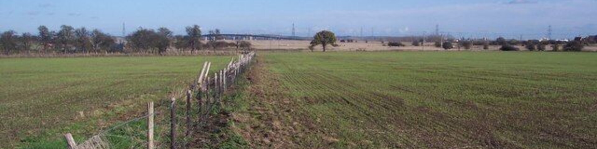 Saxon Shore Way heading to Raspberry Hill The long distance path heads along a grass byway between two fields. In the background is the Sheppey Way Bridge.