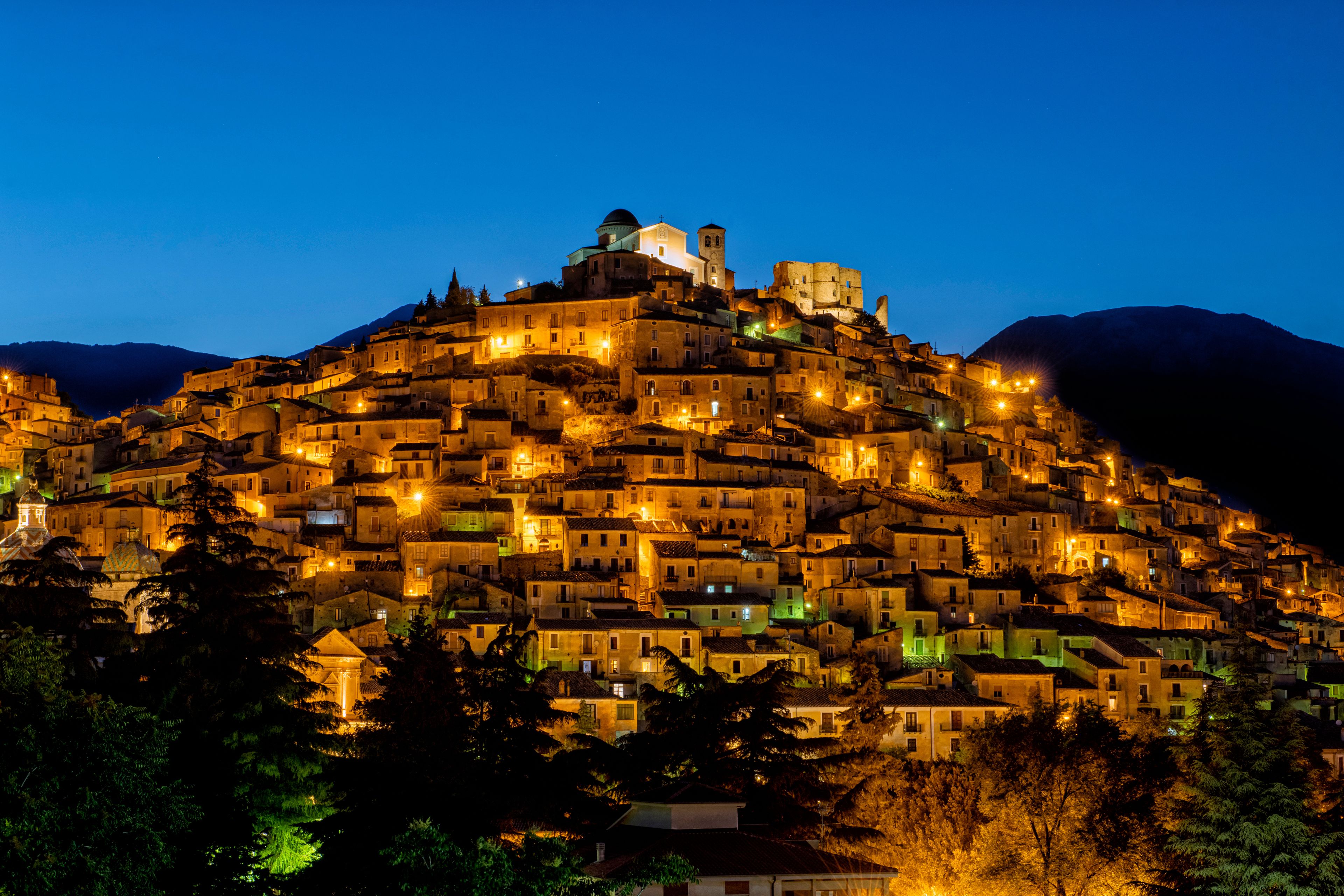 Night view of Morano Calabro in the province of Cosenza, Calabria region, Italy