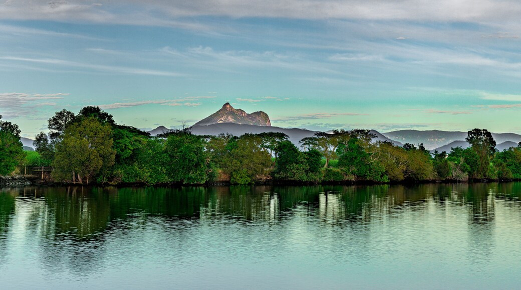 Wide panorama of Mt Warning and Tweed River at sunrise near Tumbulgum NSW Australia