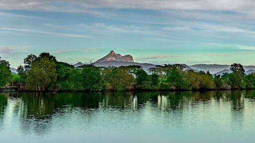 Wide panorama of Mt Warning and Tweed River at sunrise near Tumbulgum NSW Australia