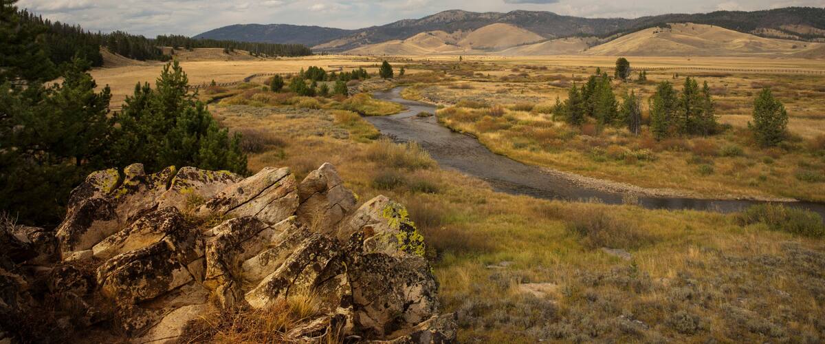 A river winding through a dry grassland with mountains in the background and a cloudy sky.