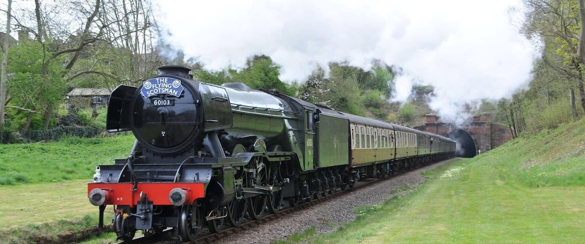A steam locomotive pulling passenger cars on a rural railway track surrounded by greenery and trees.